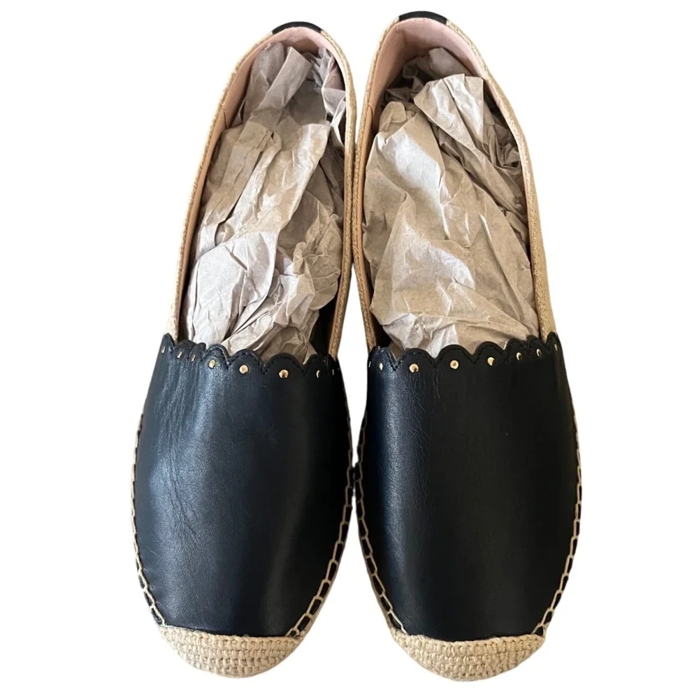 Kate Spade Espadrilles Women 8.5B Navy Excell Scalloped Studded Canvas Leather